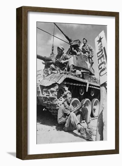 U.S. Soldiers Guard a Roadblock on the Naktong River Front in the Taegu Area with an M-24 Tank-null-Framed Photo