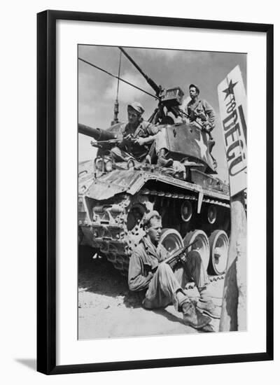 U.S. Soldiers Guard a Roadblock on the Naktong River Front in the Taegu Area with an M-24 Tank-null-Framed Photo