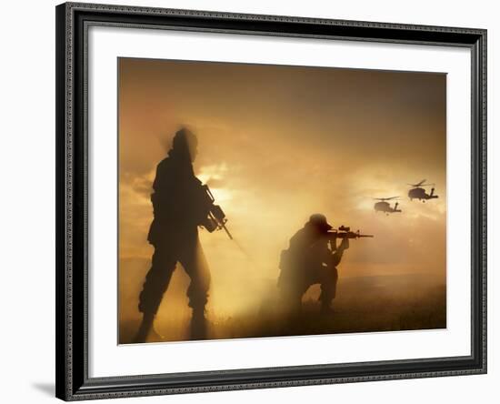 U.S. Special Forces Provide Security For Two Incoming UH-60 Black Hawk Helicopters-Stocktrek Images-Framed Photographic Print