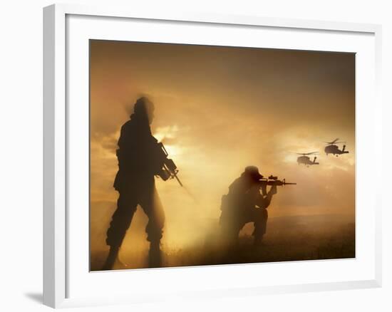 U.S. Special Forces Provide Security For Two Incoming UH-60 Black Hawk Helicopters-Stocktrek Images-Framed Photographic Print