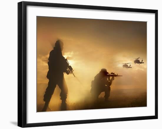 U.S. Special Forces Provide Security For Two Incoming UH-60 Black Hawk Helicopters-Stocktrek Images-Framed Photographic Print