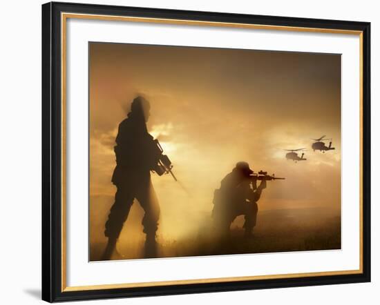 U.S. Special Forces Provide Security For Two Incoming UH-60 Black Hawk Helicopters-Stocktrek Images-Framed Photographic Print