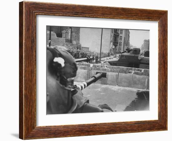 U.S. Tank with Gum Aimed at E. German Military Vehicle on Other Side of Wall-Paul Schutzer-Framed Photographic Print