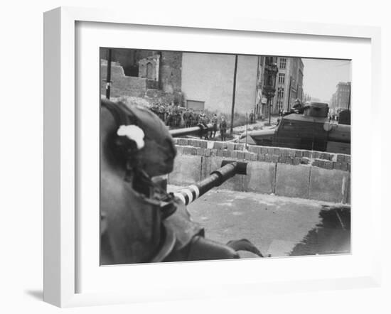 U.S. Tank with Gum Aimed at E. German Military Vehicle on Other Side of Wall-Paul Schutzer-Framed Photographic Print