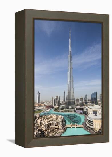 UAE, Downtown Dubai. Cityscape with Burj Khalifa.-Walter Bibikow-Framed Premier Image Canvas