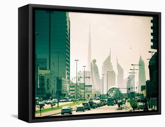 Uae, Dubai, Trade Centre Road, Burj Khalifa and Emirates Towers with Al Karama Metro Station in For-Alan Copson-Framed Premier Image Canvas