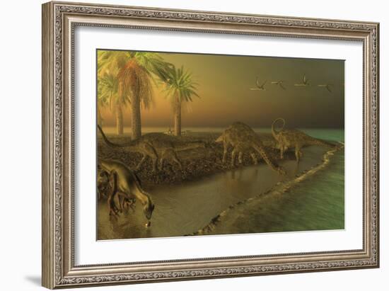 Uberabatitan Dinosaurs Share a Cretaceous Seashore with Two Hypsilophodon-Stocktrek Images-Framed Art Print