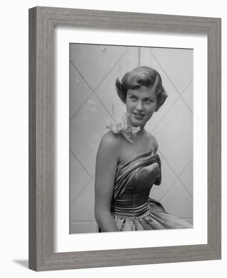 UCLA Student in Strapless Evening Gown, with Orchid Attached to Bare Shoulder by Transparent Tape-Loomis Dean-Framed Photographic Print