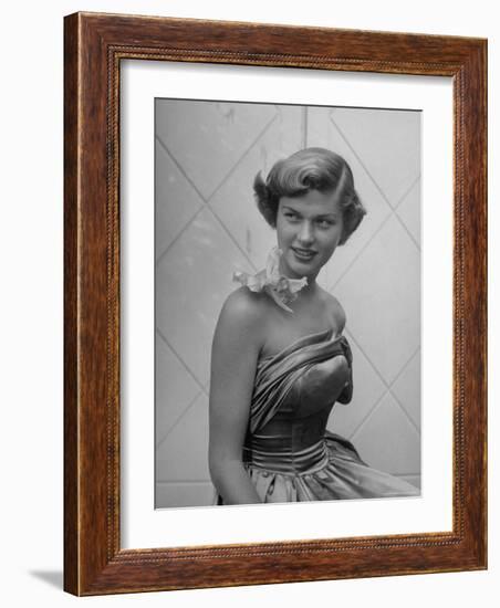 UCLA Student in Strapless Evening Gown, with Orchid Attached to Bare Shoulder by Transparent Tape-Loomis Dean-Framed Photographic Print