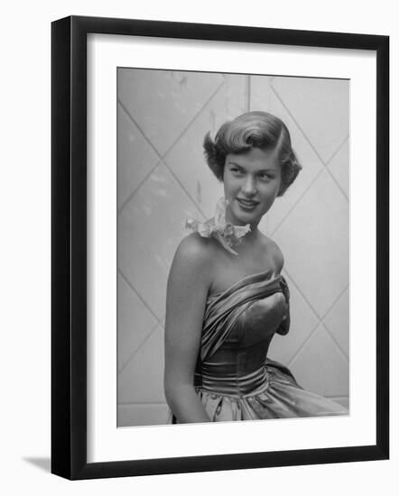 UCLA Student in Strapless Evening Gown, with Orchid Attached to Bare Shoulder by Transparent Tape-Loomis Dean-Framed Photographic Print