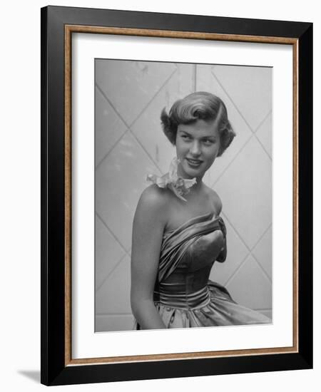 UCLA Student in Strapless Evening Gown, with Orchid Attached to Bare Shoulder by Transparent Tape-Loomis Dean-Framed Photographic Print