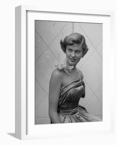 UCLA Student in Strapless Evening Gown, with Orchid Attached to Bare Shoulder by Transparent Tape-Loomis Dean-Framed Photographic Print