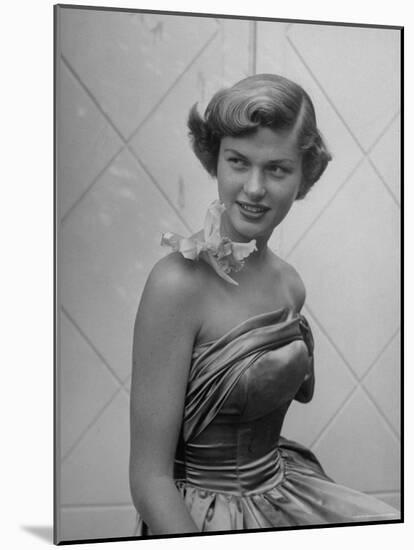 UCLA Student in Strapless Evening Gown, with Orchid Attached to Bare Shoulder by Transparent Tape-Loomis Dean-Mounted Photographic Print