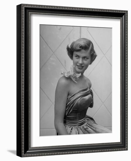 UCLA Student in Strapless Evening Gown, with Orchid Attached to Bare Shoulder by Transparent Tape-Loomis Dean-Framed Photographic Print