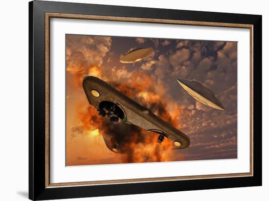 Ufo's from Different Alien Races Fighting Each Other in the Earth's Atmosphere-null-Framed Art Print