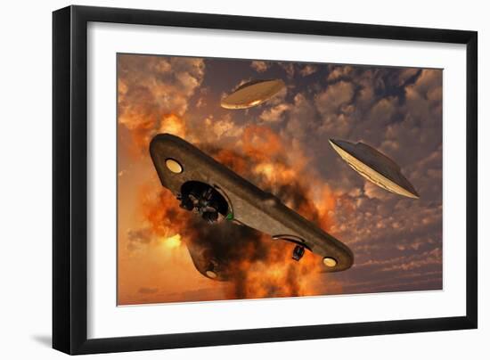 Ufo's from Different Alien Races Fighting Each Other in the Earth's Atmosphere-null-Framed Art Print