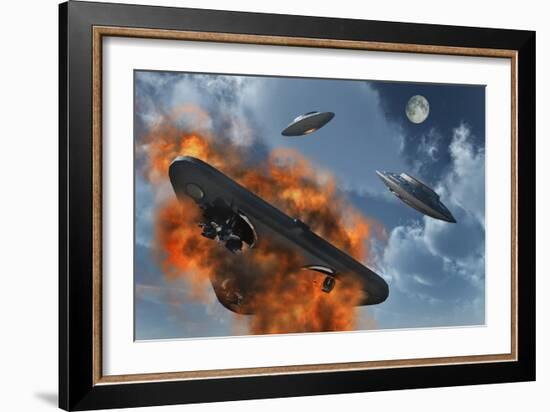 Ufo's from Different Alien Races Fighting Each Other in the Earth's Atmosphere-null-Framed Art Print