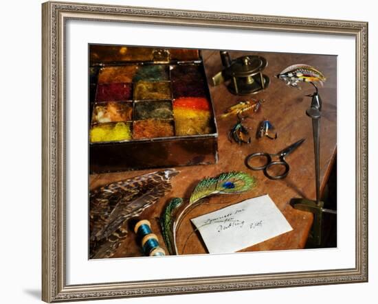 Uk, Antique Fly-Tying Equipment with a Traditionally Tied Salmon Fly in Vice on a Fly-Tiers Bench-John Warburton-lee-Framed Photographic Print