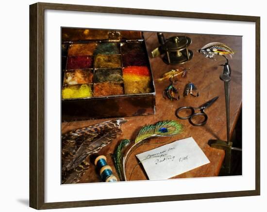 Uk, Antique Fly-Tying Equipment with a Traditionally Tied Salmon Fly in Vice on a Fly-Tiers Bench-John Warburton-lee-Framed Photographic Print