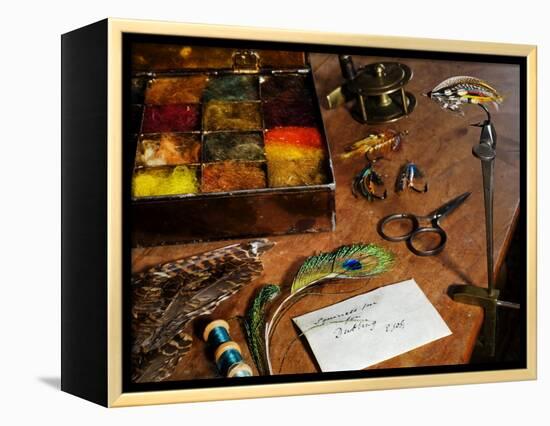 Uk, Antique Fly-Tying Equipment with a Traditionally Tied Salmon Fly in Vice on a Fly-Tiers Bench-John Warburton-lee-Framed Premier Image Canvas