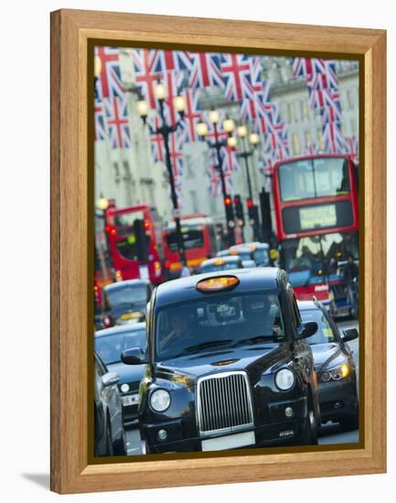 UK, England, London, Regent Street, Taxis and Union Jack Flags-Alan Copson-Framed Premier Image Canvas