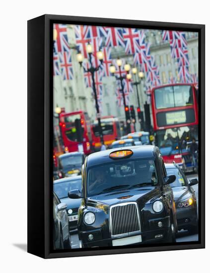 UK, England, London, Regent Street, Taxis and Union Jack Flags-Alan Copson-Framed Premier Image Canvas