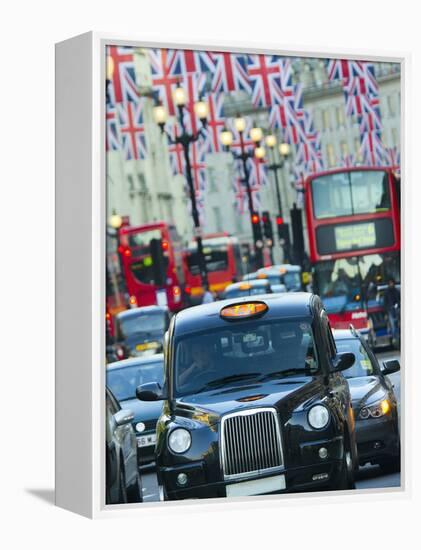 UK, England, London, Regent Street, Taxis and Union Jack Flags-Alan Copson-Framed Premier Image Canvas