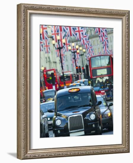 UK, England, London, Regent Street, Taxis and Union Jack Flags-Alan Copson-Framed Photographic Print