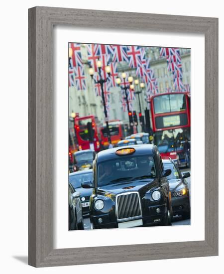 UK, England, London, Regent Street, Taxis and Union Jack Flags-Alan Copson-Framed Photographic Print