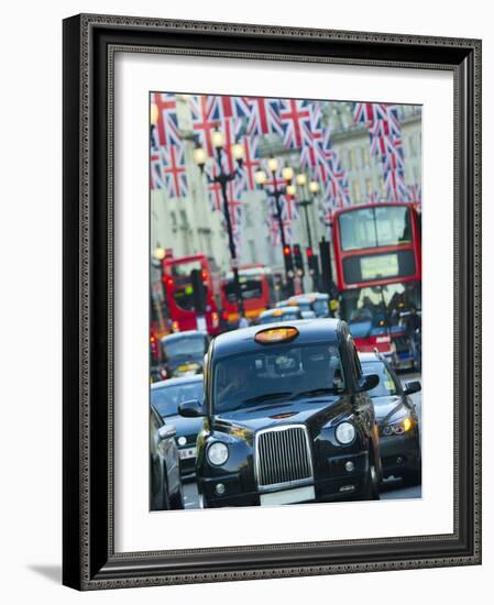 UK, England, London, Regent Street, Taxis and Union Jack Flags-Alan Copson-Framed Photographic Print