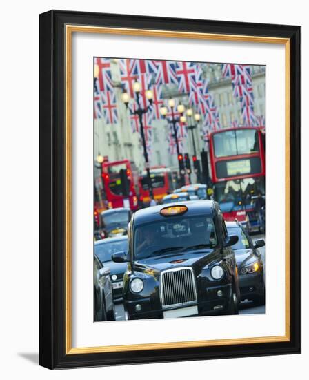 UK, England, London, Regent Street, Taxis and Union Jack Flags-Alan Copson-Framed Photographic Print