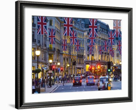 UK, England, London, Regent Street, Taxis and Union Jack Flags-Alan Copson-Framed Photographic Print