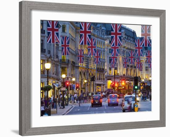 UK, England, London, Regent Street, Taxis and Union Jack Flags-Alan Copson-Framed Photographic Print