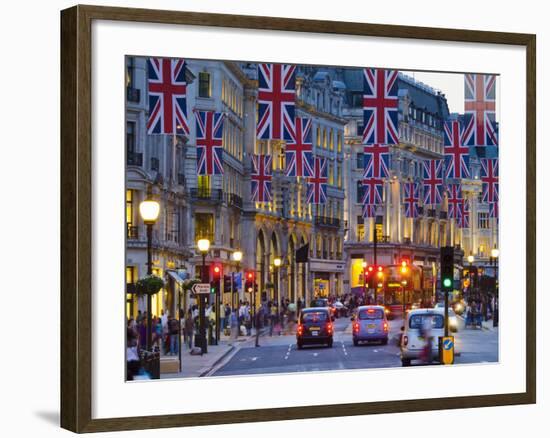 UK, England, London, Regent Street, Taxis and Union Jack Flags-Alan Copson-Framed Photographic Print