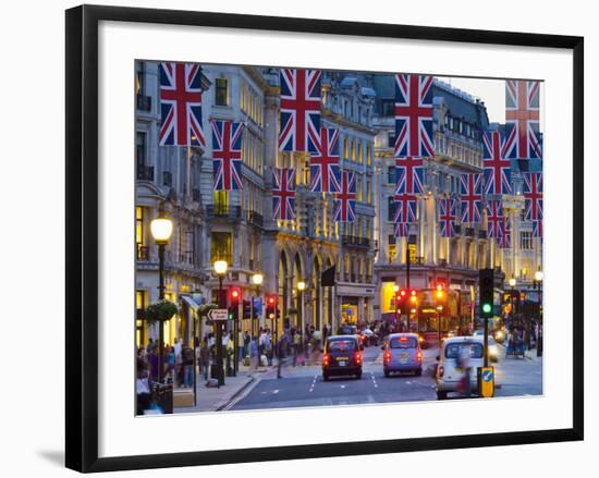 UK, England, London, Regent Street, Taxis and Union Jack Flags-Alan Copson-Framed Photographic Print