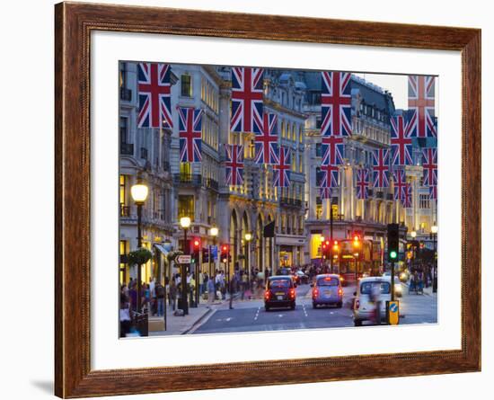 UK, England, London, Regent Street, Taxis and Union Jack Flags-Alan Copson-Framed Photographic Print