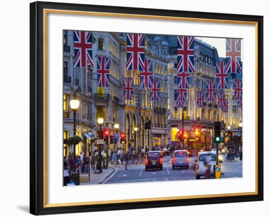 UK, England, London, Regent Street, Taxis and Union Jack Flags-Alan Copson-Framed Photographic Print