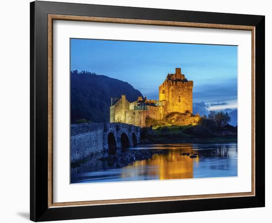 UK, Scotland, Highlands, Dornie, Twilight view of the Eilean Donan Castle.-Karol Kozlowski-Framed Photographic Print