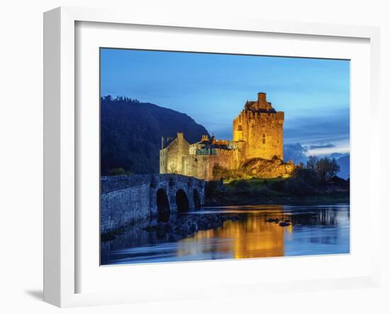 UK, Scotland, Highlands, Dornie, Twilight view of the Eilean Donan Castle.-Karol Kozlowski-Framed Photographic Print