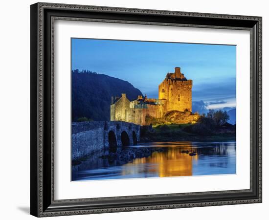 UK, Scotland, Highlands, Dornie, Twilight view of the Eilean Donan Castle.-Karol Kozlowski-Framed Photographic Print