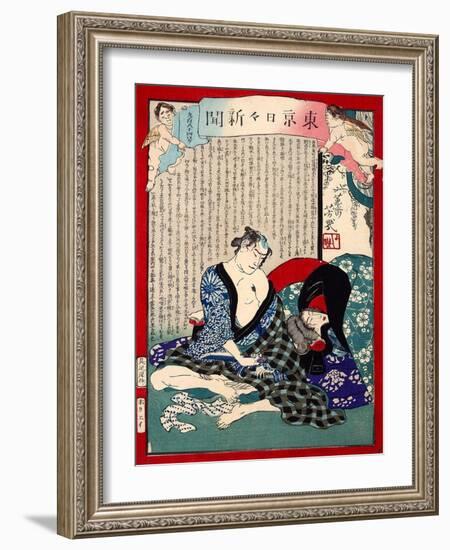 Ukiyo-E Newspaper: a Fishmonger’S Wife Owaka Goes Back to Working at Yoshiwara-Yoshiiku Ochiai-Framed Giclee Print