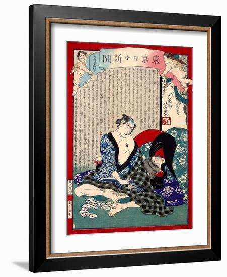 Ukiyo-E Newspaper: a Fishmonger’S Wife Owaka Goes Back to Working at Yoshiwara-Yoshiiku Ochiai-Framed Giclee Print