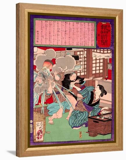 Ukiyo-E Newspaper: a Noodle Shop Wife Throw a Boiling Pot to Her Husband-Yoshitoshi Tsukioka-Framed Premier Image Canvas