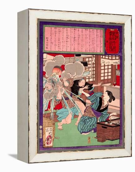 Ukiyo-E Newspaper: a Noodle Shop Wife Throw a Boiling Pot to Her Husband-Yoshitoshi Tsukioka-Framed Premier Image Canvas