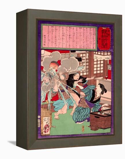 Ukiyo-E Newspaper: a Noodle Shop Wife Throw a Boiling Pot to Her Husband-Yoshitoshi Tsukioka-Framed Premier Image Canvas