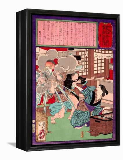 Ukiyo-E Newspaper: a Noodle Shop Wife Throw a Boiling Pot to Her Husband-Yoshitoshi Tsukioka-Framed Premier Image Canvas