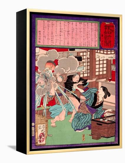 Ukiyo-E Newspaper: a Noodle Shop Wife Throw a Boiling Pot to Her Husband-Yoshitoshi Tsukioka-Framed Premier Image Canvas