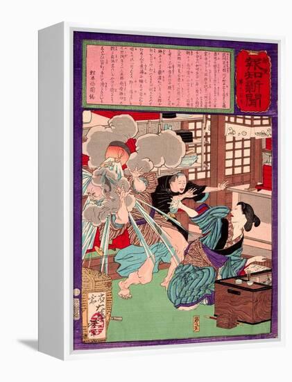 Ukiyo-E Newspaper: a Noodle Shop Wife Throw a Boiling Pot to Her Husband-Yoshitoshi Tsukioka-Framed Premier Image Canvas