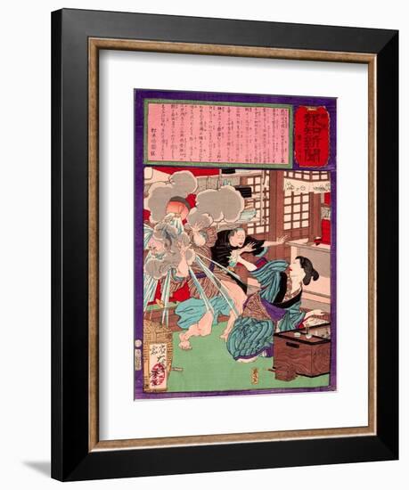 Ukiyo-E Newspaper: a Noodle Shop Wife Throw a Boiling Pot to Her Husband-Yoshitoshi Tsukioka-Framed Giclee Print