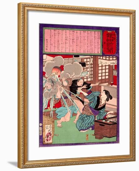 Ukiyo-E Newspaper: a Noodle Shop Wife Throw a Boiling Pot to Her Husband-Yoshitoshi Tsukioka-Framed Giclee Print